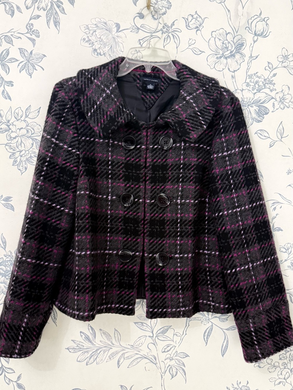 Tommy Hilfiger Black & Pink Plaid Double-Breasted Pea Coat